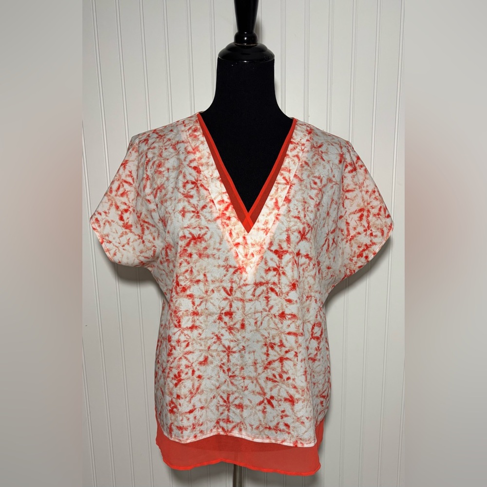 DKNY Blouse Short Sleeve Boxy Orange White Tie Dye Size Medium Watercolor Boho